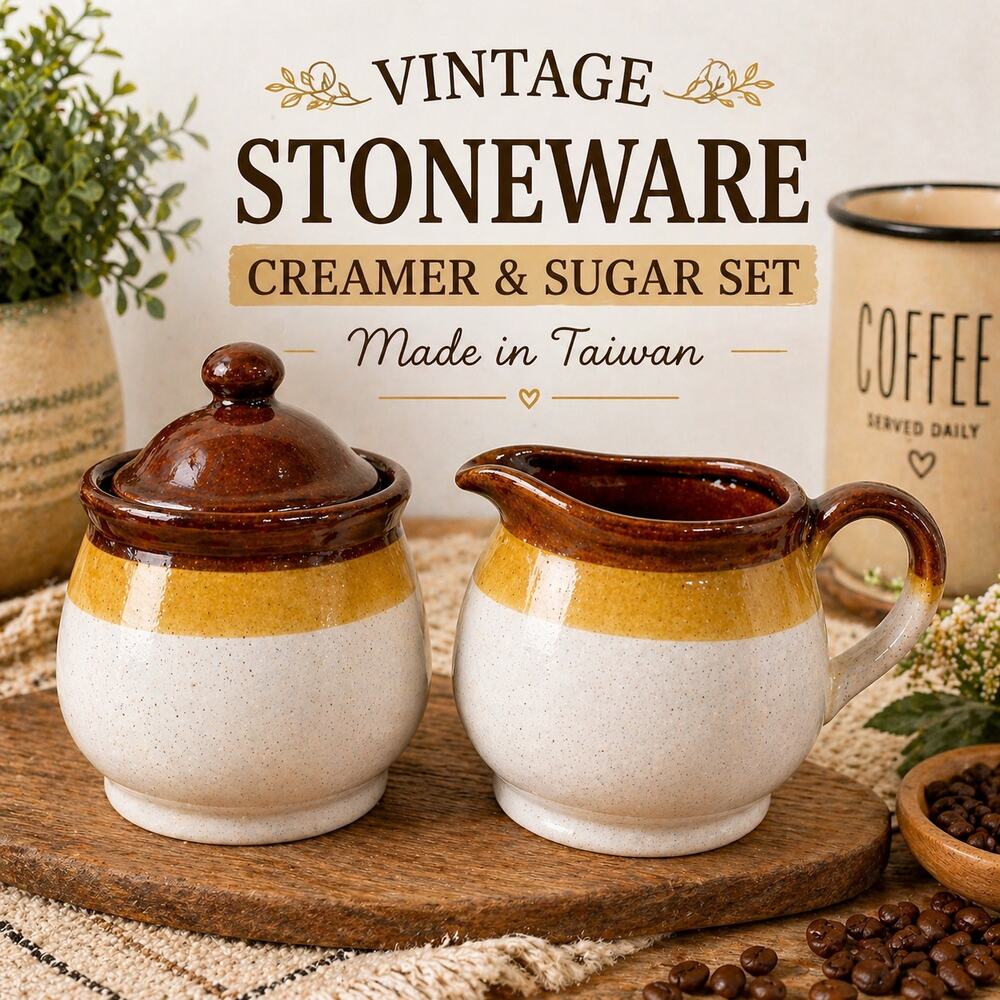 Vintage Taiwan Stoneware Creamer & Sugar Bowl Set Rustic Farmhouse